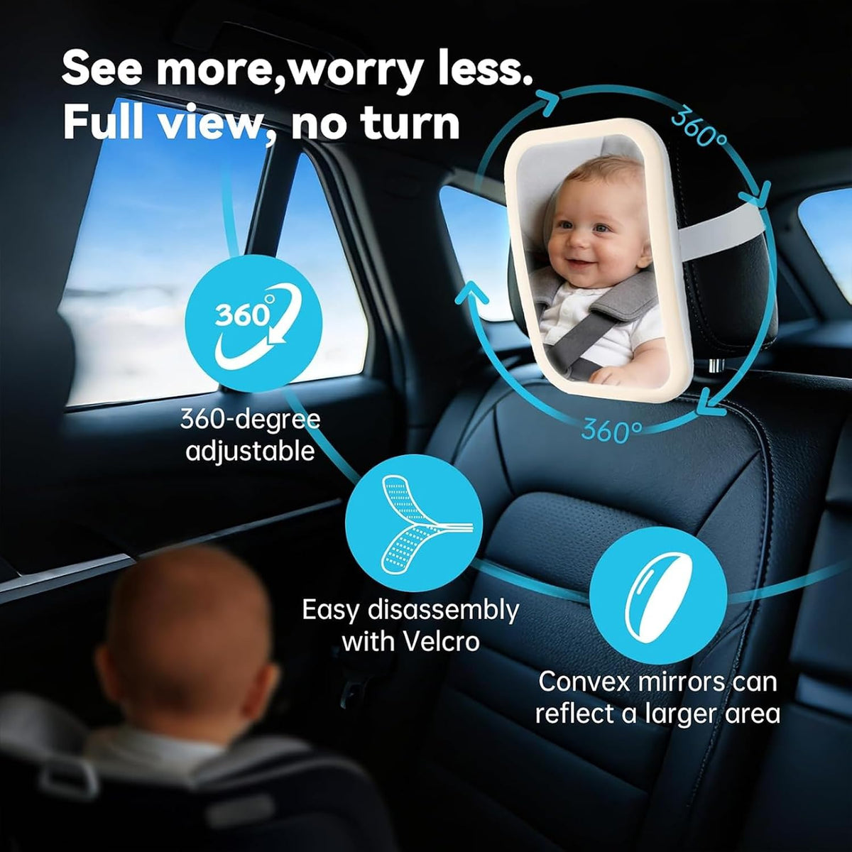 Baby Car Mirror, Wide View, Voice Control Light, Easy Install, White