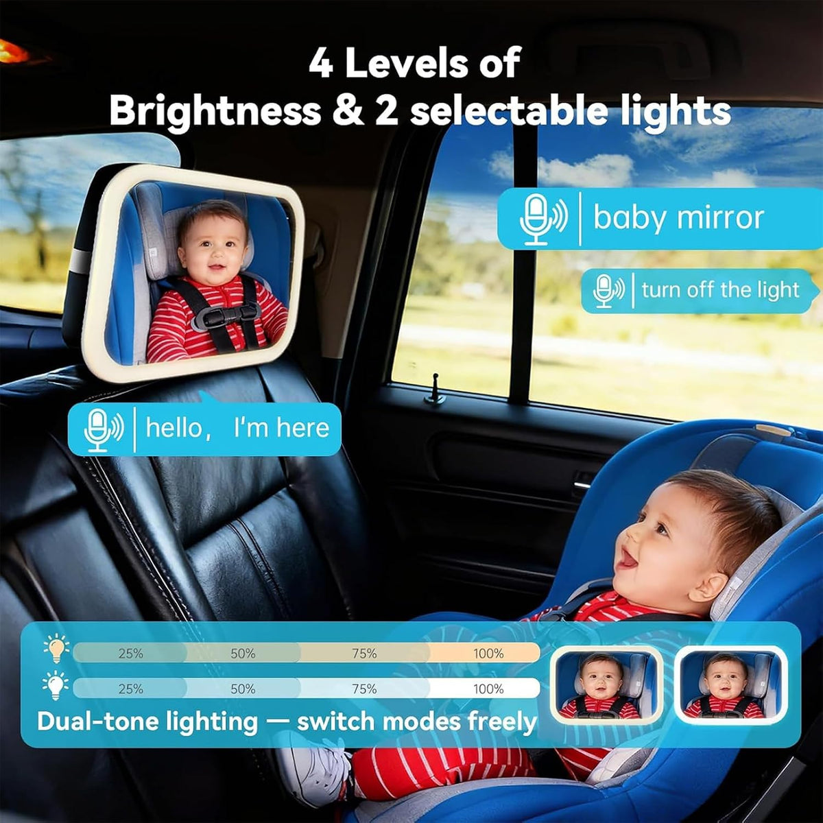 Baby Car Mirror, Wide View, Voice Control Light, Easy Install, White