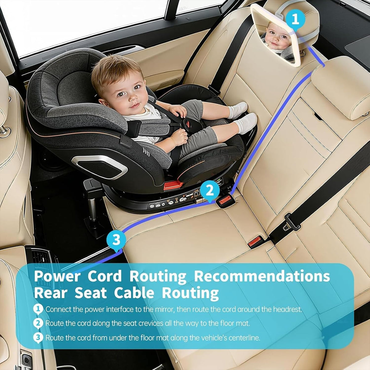 Baby Car Mirror, Wide View, Voice Control Light, Easy Install, White