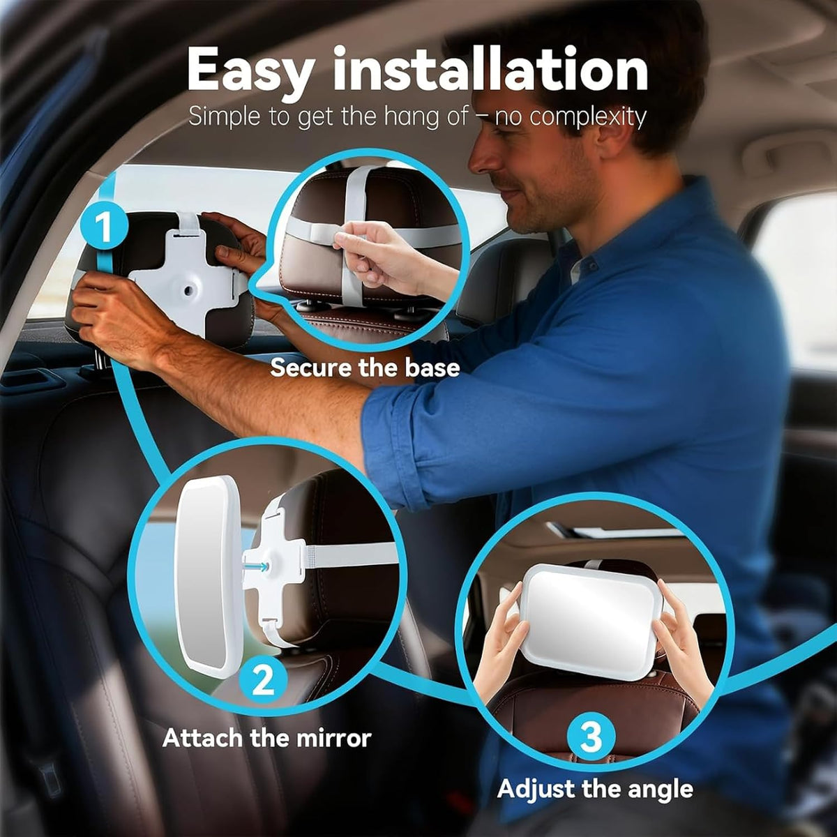 Baby Car Mirror, Wide View, Voice Control Light, Easy Install, White