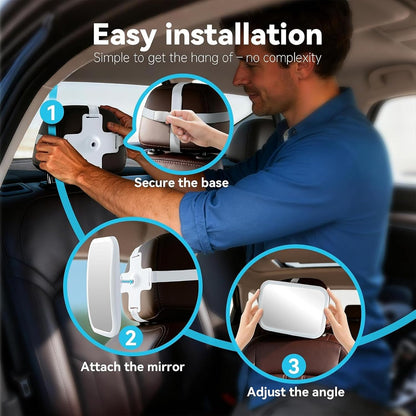 Baby Car Mirror, Wide View, Voice Control Light, Easy Install, White