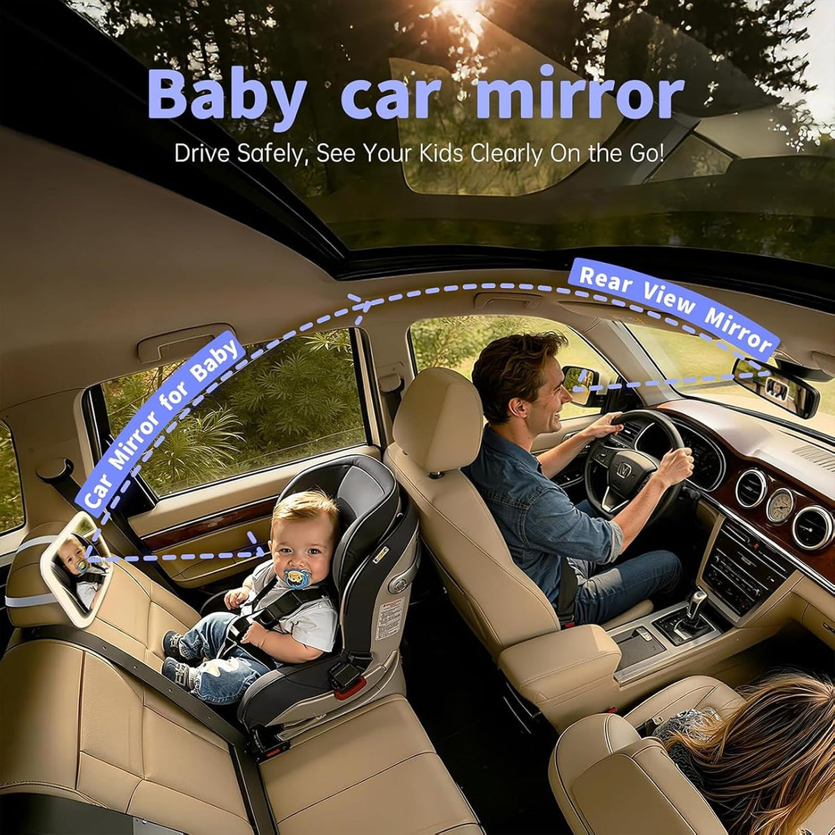 Baby Car Mirror, Wide View, Voice Control Light, Easy Install, White