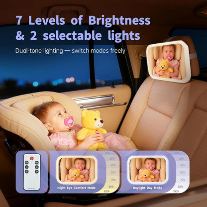 Baby Car Mirror, Wide View, Voice Control Light, Easy Install, White