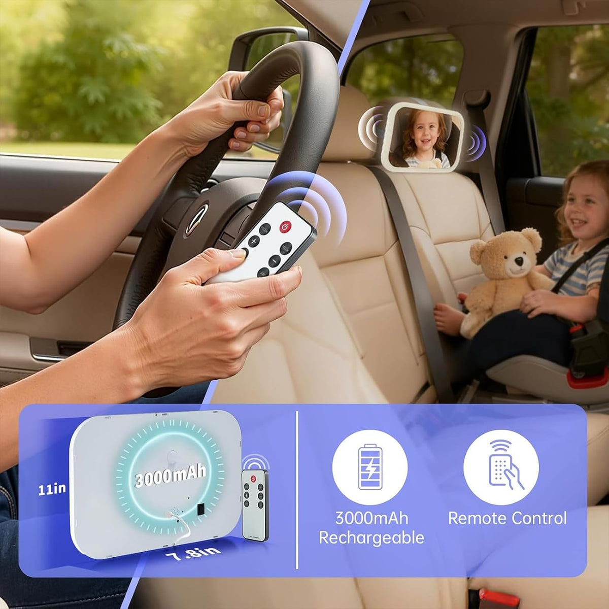 Baby Car Mirror, Wide View, Voice Control Light, Easy Install, White