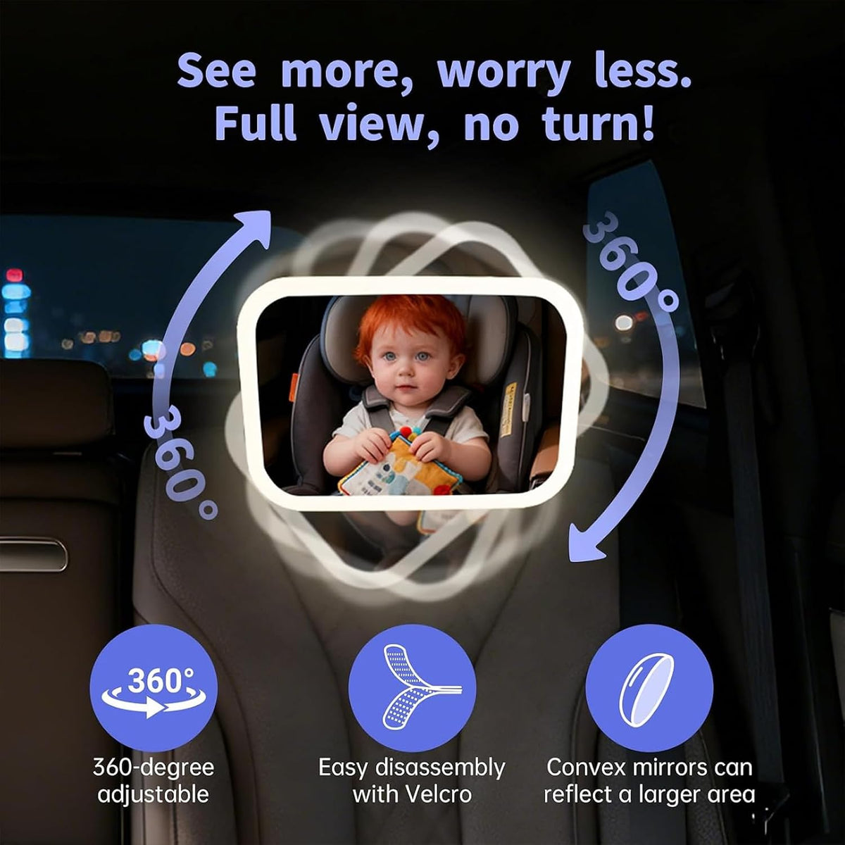 Baby Car Mirror, Wide View, Voice Control Light, Easy Install, White