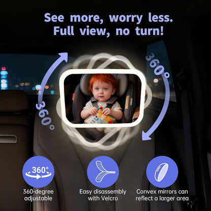 Baby Car Mirror, Wide View, Voice Control Light, Easy Install, White