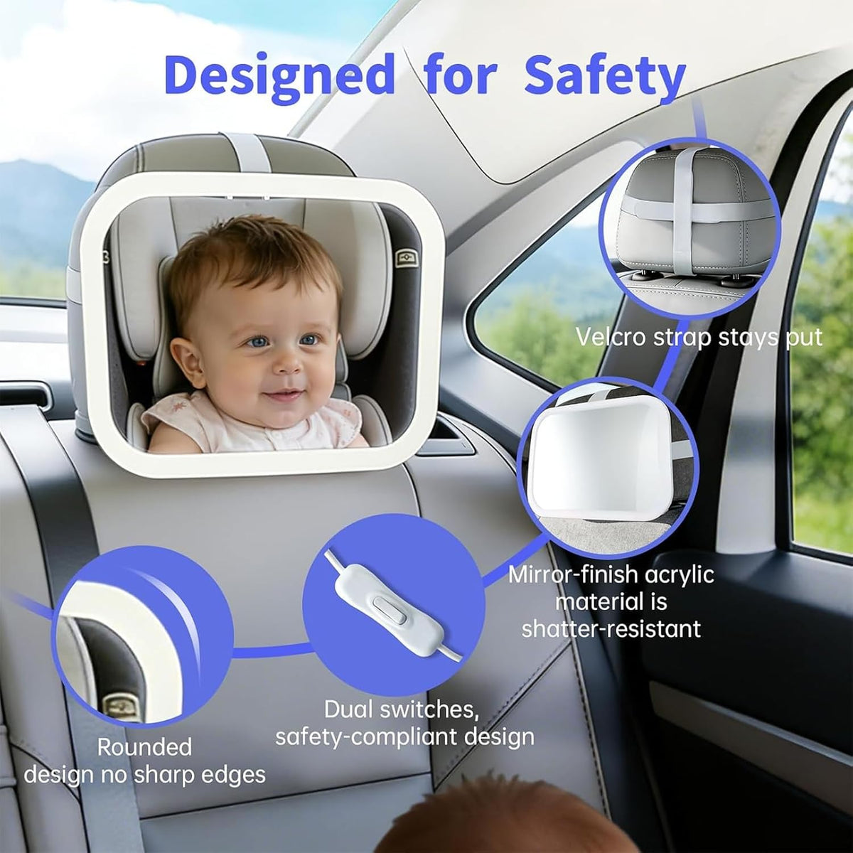 Baby Car Mirror, Wide View, Voice Control Light, Easy Install, White