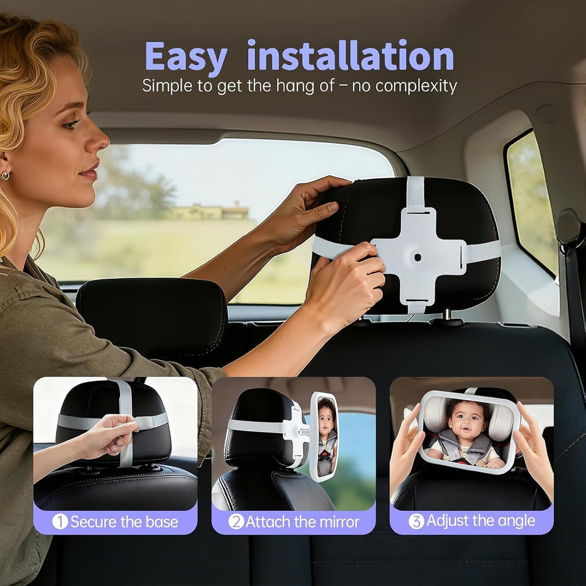 Baby Car Mirror, Wide View, Voice Control Light, Easy Install, White