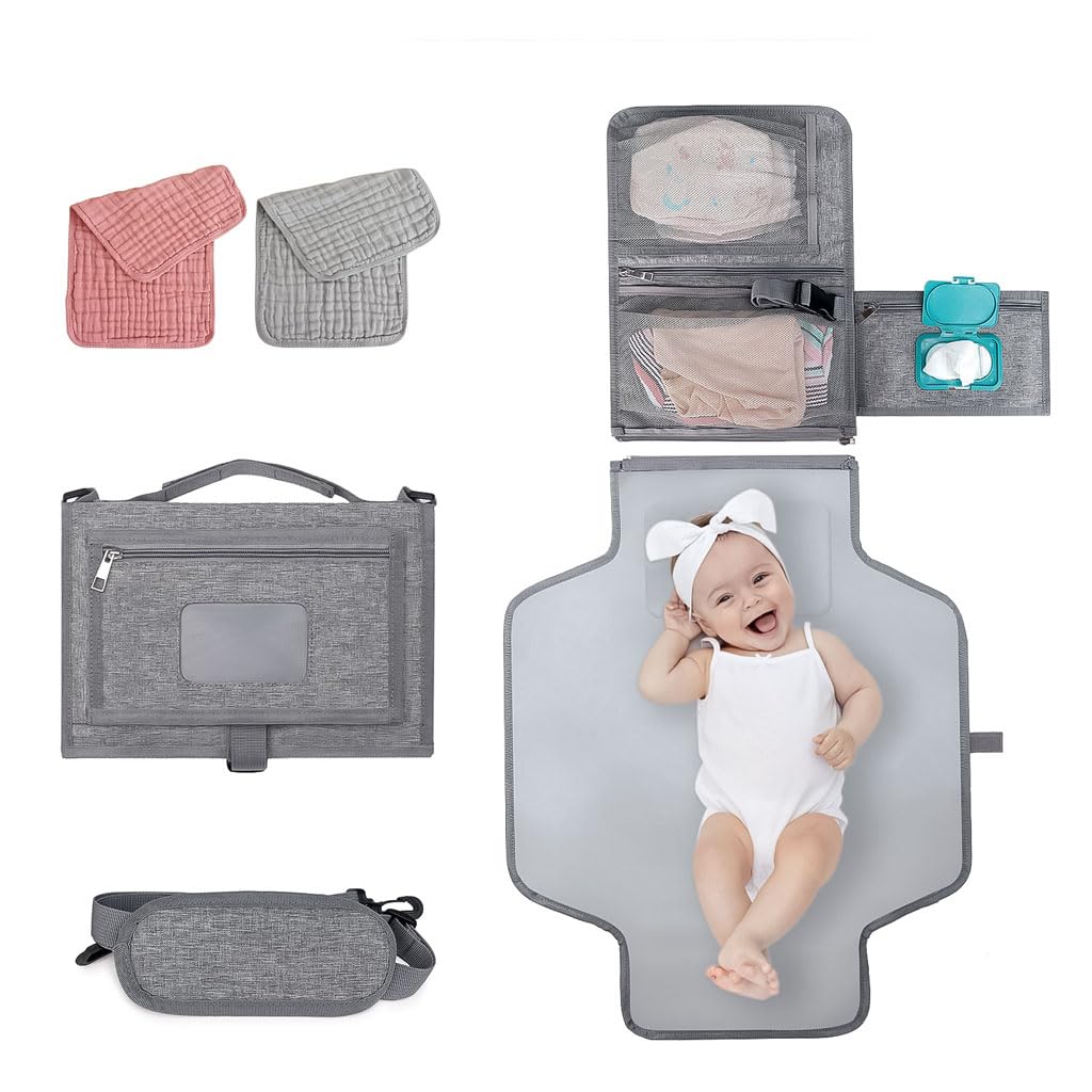 Portable Diaper Changing Station, Expandable Baby Diaper Bag, Compact Diaper Changing Travel Bag with Wet Wipe Pocket, Waterproof Baby Travel Station Set with 2 Bibs (Black)