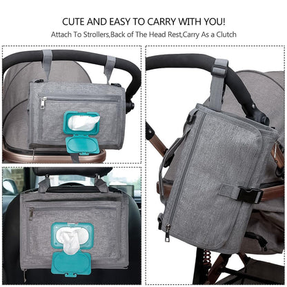 Portable Diaper Changing Station, Expandable Baby Diaper Bag, Compact Diaper Changing Travel Bag with Wet Wipe Pocket, Waterproof Baby Travel Station Set with 2 Bibs (Black)