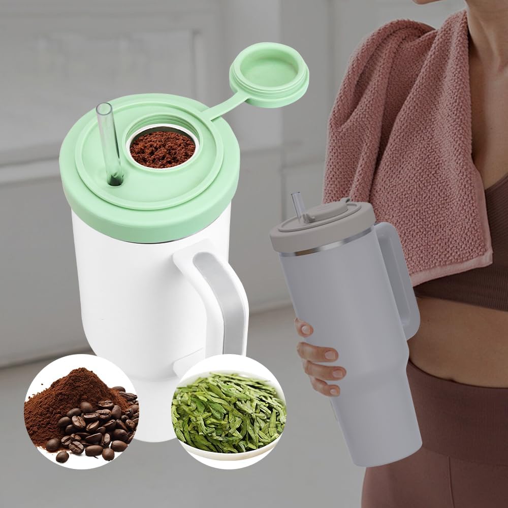 40 Oz Tumbler Lid with Built-in Pill Organizer, Reusable Silicone Tumbler Cover Replacement with Pillbox 2 Grids, Cup Cap with Pill Organizers and Straw Hole (Cream Pill-organizer 1 Pcs)