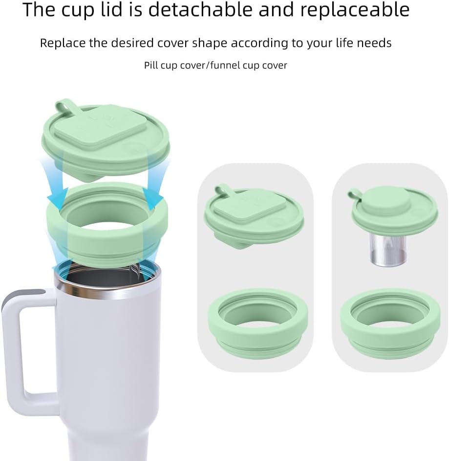 40 Oz Tumbler Lid with Built-in Pill Organizer, Reusable Silicone Tumbler Cover Replacement with Pillbox 2 Grids, Cup Cap with Pill Organizers and Straw Hole (Cream Pill-organizer 1 Pcs)