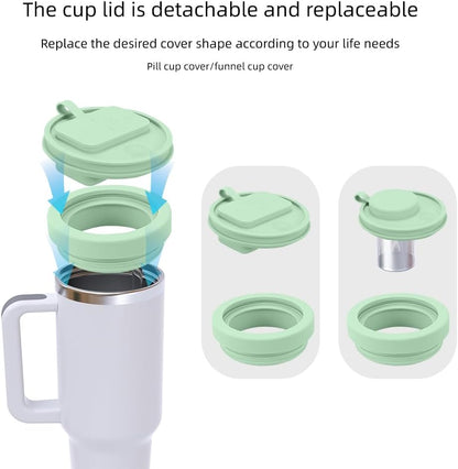 40 Oz Tumbler Lid with Built-in Pill Organizer, Reusable Silicone Tumbler Cover Replacement with Pillbox 2 Grids, Cup Cap with Pill Organizers and Straw Hole (Cream Pill-organizer 1 Pcs)