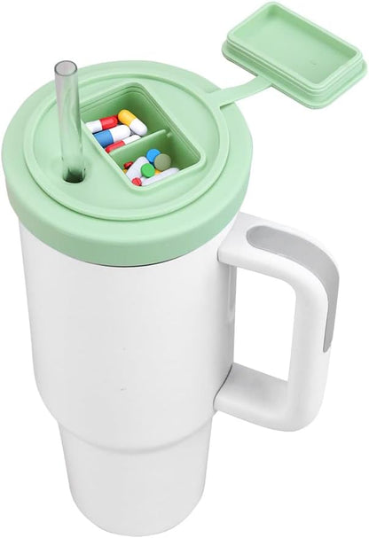 40 Oz Tumbler Lid with Built-in Pill Organizer, Reusable Silicone Tumbler Cover Replacement with Pillbox 2 Grids, Cup Cap with Pill Organizers and Straw Hole (Cream Pill-organizer 1 Pcs)