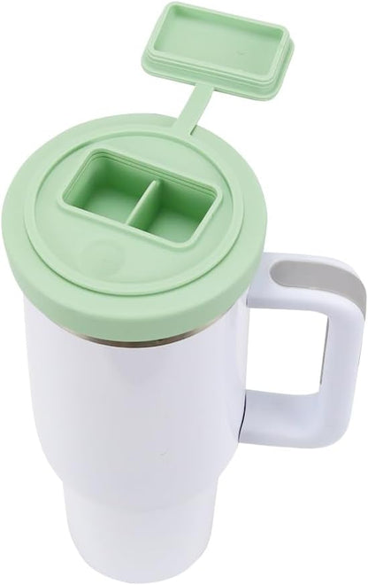 40 Oz Tumbler Lid with Built-in Pill Organizer, Reusable Silicone Tumbler Cover Replacement with Pillbox 2 Grids, Cup Cap with Pill Organizers and Straw Hole (Cream Pill-organizer 1 Pcs)