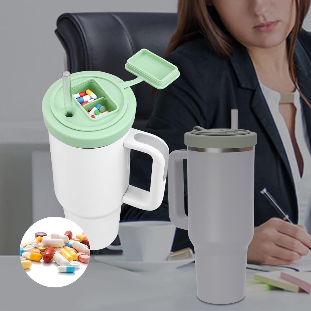 40 Oz Tumbler Lid with Built-in Pill Organizer, Reusable Silicone Tumbler Cover Replacement with Pillbox 2 Grids, Cup Cap with Pill Organizers and Straw Hole (Cream Pill-organizer 1 Pcs)