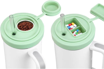 40 Oz Tumbler Lid with Built-in Pill Organizer, Reusable Silicone Tumbler Cover Replacement with Pillbox 2 Grids, Cup Cap with Pill Organizers and Straw Hole (Cream Pill-organizer 1 Pcs)