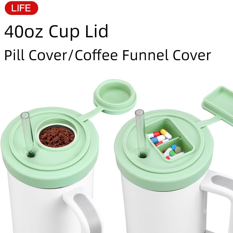 40 Oz Tumbler Lid with Built-in Pill Organizer, Reusable Silicone Tumbler Cover Replacement with Pillbox 2 Grids, Cup Cap with Pill Organizers and Straw Hole (Cream Pill-organizer 1 Pcs)