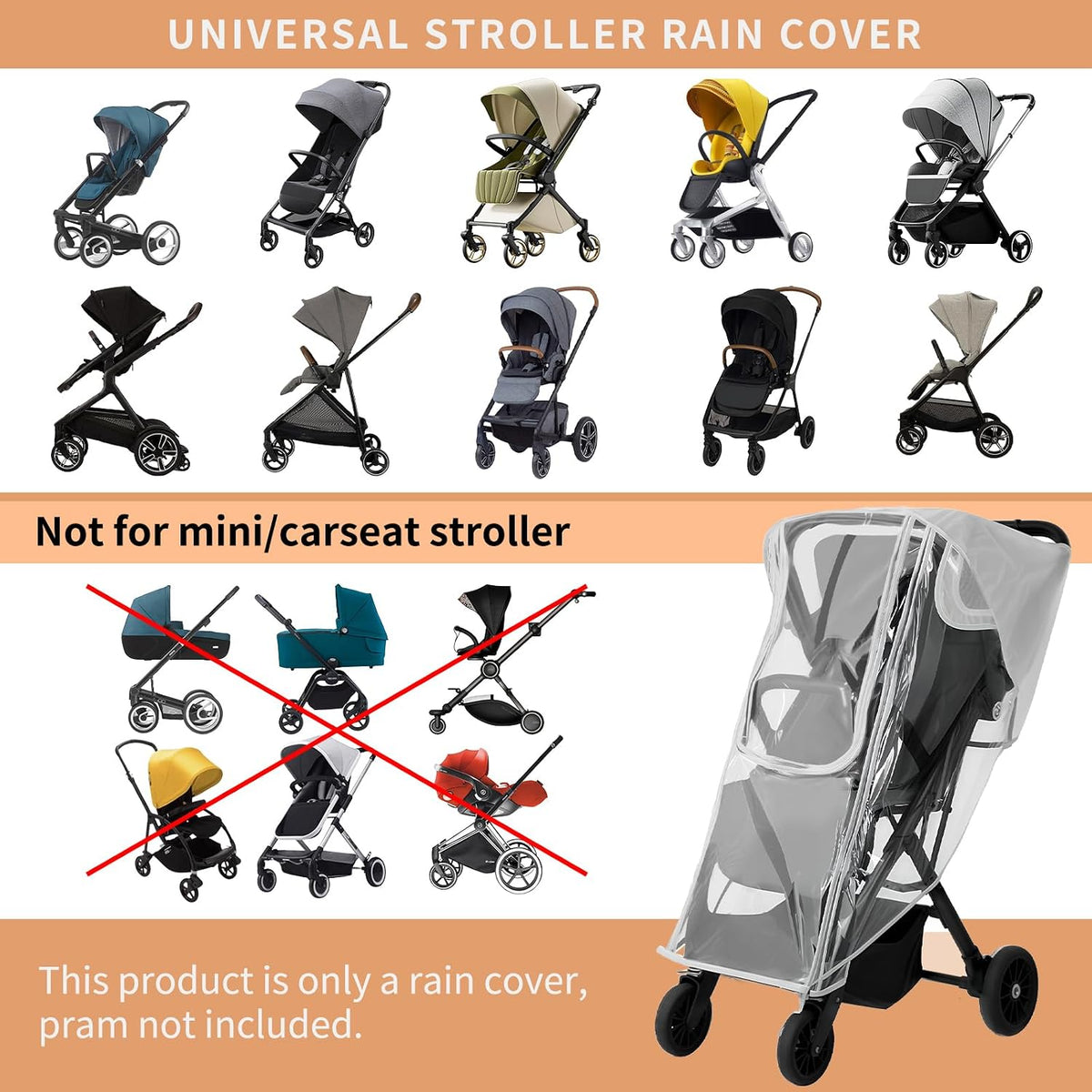 Stroller Rain Cover for Nuna - Waterproof & Windproof Weather Shield for Nuna Baby Strollers | Universal Fit for Nuna Mixx, Nuna TRVL & More | See-Through Window & Mesh Vents