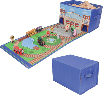 Train Storage Bin and Play Mat - Wooden Railway Take-Along Storage Box with Train Tracks Design - Two in One Collapsible Toy Car Storage with Station - Car Garage Fabric Bin