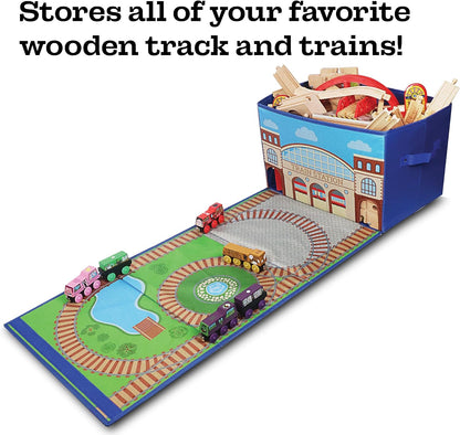 Train Storage Bin and Play Mat - Wooden Railway Take-Along Storage Box with Train Tracks Design - Two in One Collapsible Toy Car Storage with Station - Car Garage Fabric Bin