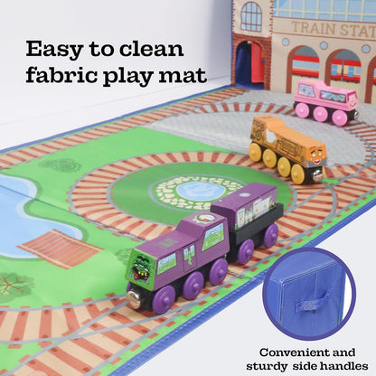 Train Storage Bin and Play Mat - Wooden Railway Take-Along Storage Box with Train Tracks Design - Two in One Collapsible Toy Car Storage with Station - Car Garage Fabric Bin