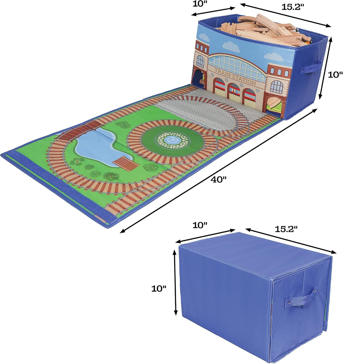 Train Storage Bin and Play Mat - Wooden Railway Take-Along Storage Box with Train Tracks Design - Two in One Collapsible Toy Car Storage with Station - Car Garage Fabric Bin
