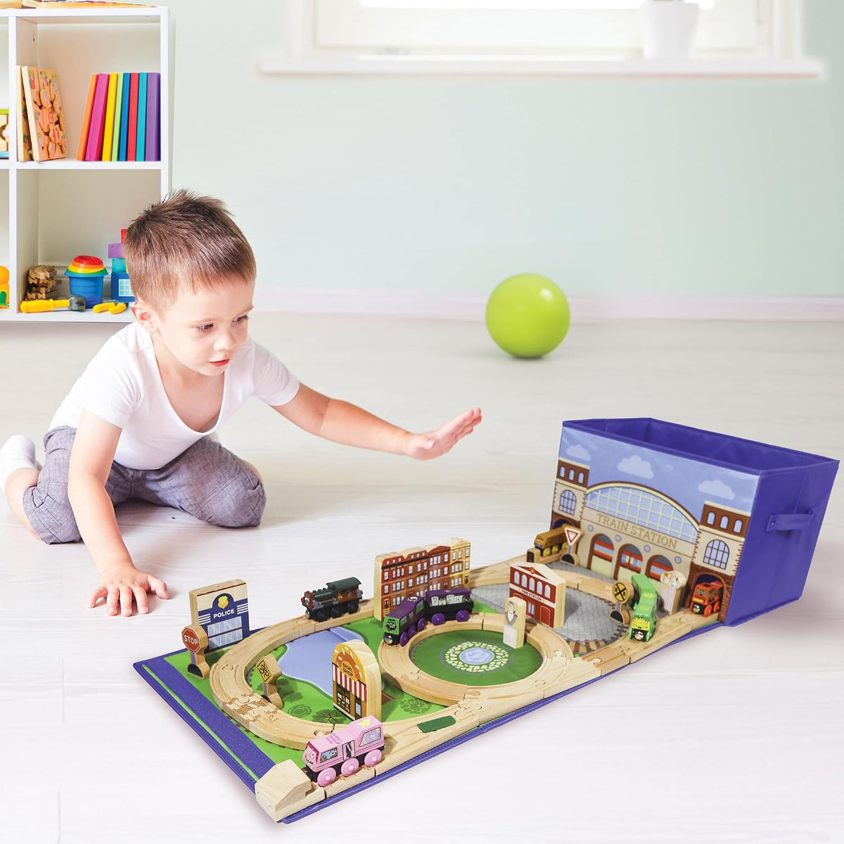 Train Storage Bin and Play Mat - Wooden Railway Take-Along Storage Box with Train Tracks Design - Two in One Collapsible Toy Car Storage with Station - Car Garage Fabric Bin