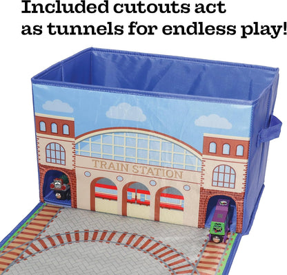 Train Storage Bin and Play Mat - Wooden Railway Take-Along Storage Box with Train Tracks Design - Two in One Collapsible Toy Car Storage with Station - Car Garage Fabric Bin