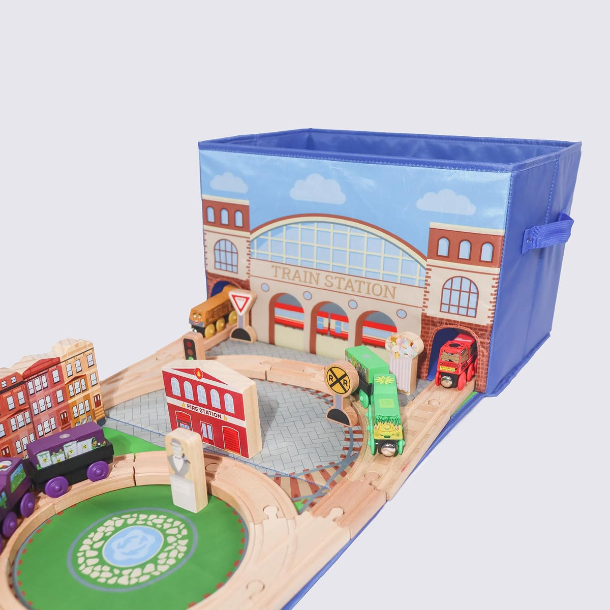 Train Storage Bin and Play Mat - Wooden Railway Take-Along Storage Box with Train Tracks Design - Two in One Collapsible Toy Car Storage with Station - Car Garage Fabric Bin