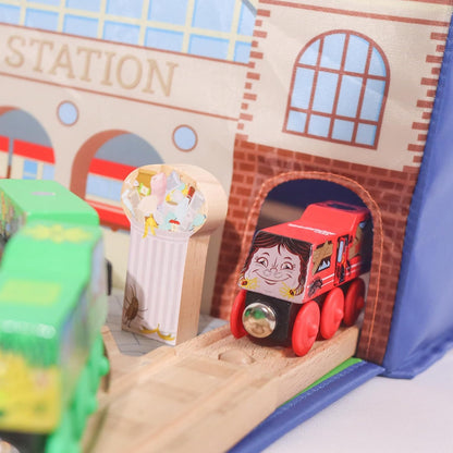 Train Storage Bin and Play Mat - Wooden Railway Take-Along Storage Box with Train Tracks Design - Two in One Collapsible Toy Car Storage with Station - Car Garage Fabric Bin