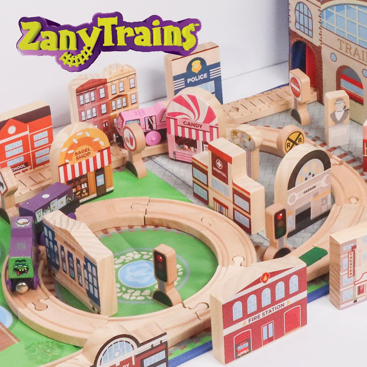 Train Storage Bin and Play Mat - Wooden Railway Take-Along Storage Box with Train Tracks Design - Two in One Collapsible Toy Car Storage with Station - Car Garage Fabric Bin