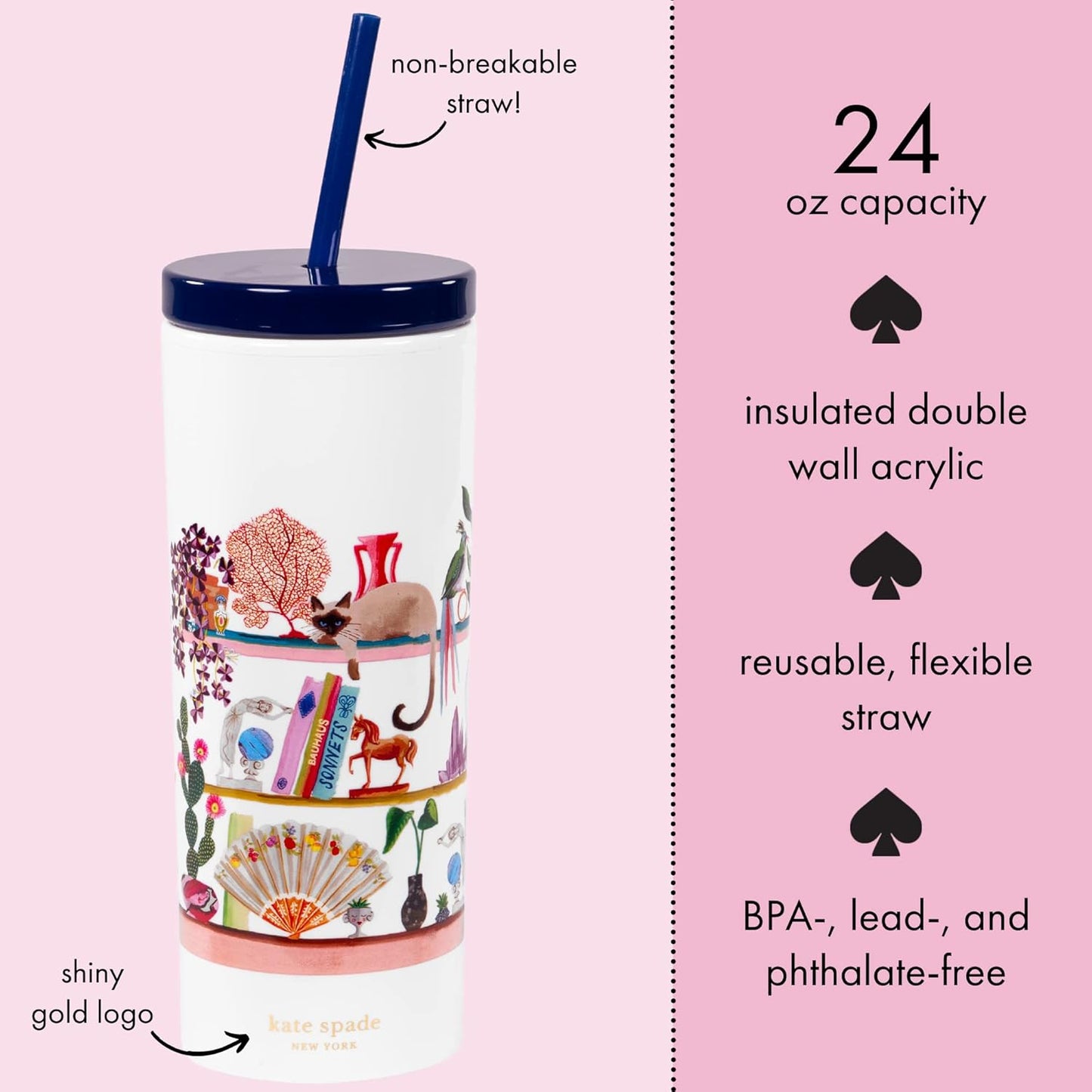 Insulated Tumbler with Reusable Straw, 24 Ounce Acrylic Travel Cup with Lid, Bookshelf