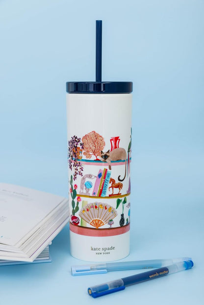 Insulated Tumbler with Reusable Straw, 24 Ounce Acrylic Travel Cup with Lid, Bookshelf