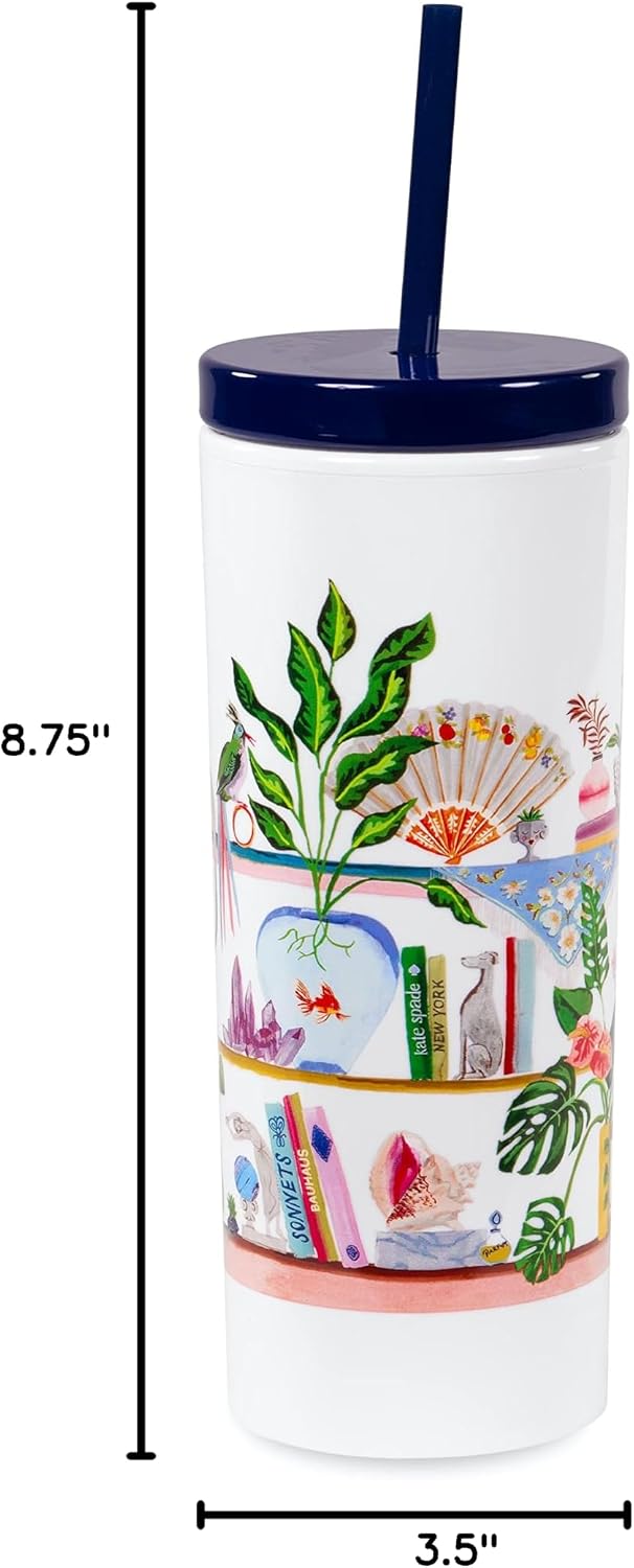 Insulated Tumbler with Reusable Straw, 24 Ounce Acrylic Travel Cup with Lid, Bookshelf
