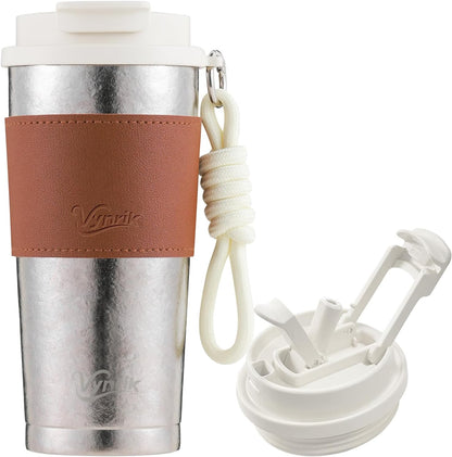Flip Straw Travel Coffee Mug Leak Proof,Reusable Insulated Coffee Tumbler With Lid And Straw,Titanium Water Bottle Lightweight,Gift(BROWN)