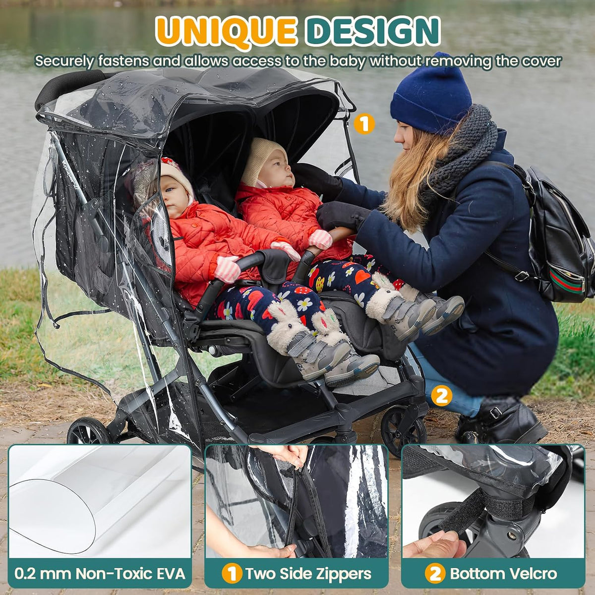 Universal Double Stroller Rain Cover, Easy Access, Durable, Clear