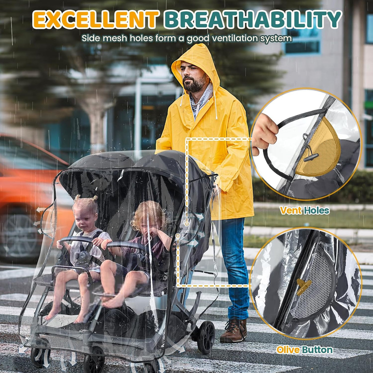 Universal Double Stroller Rain Cover, Easy Access, Durable, Clear