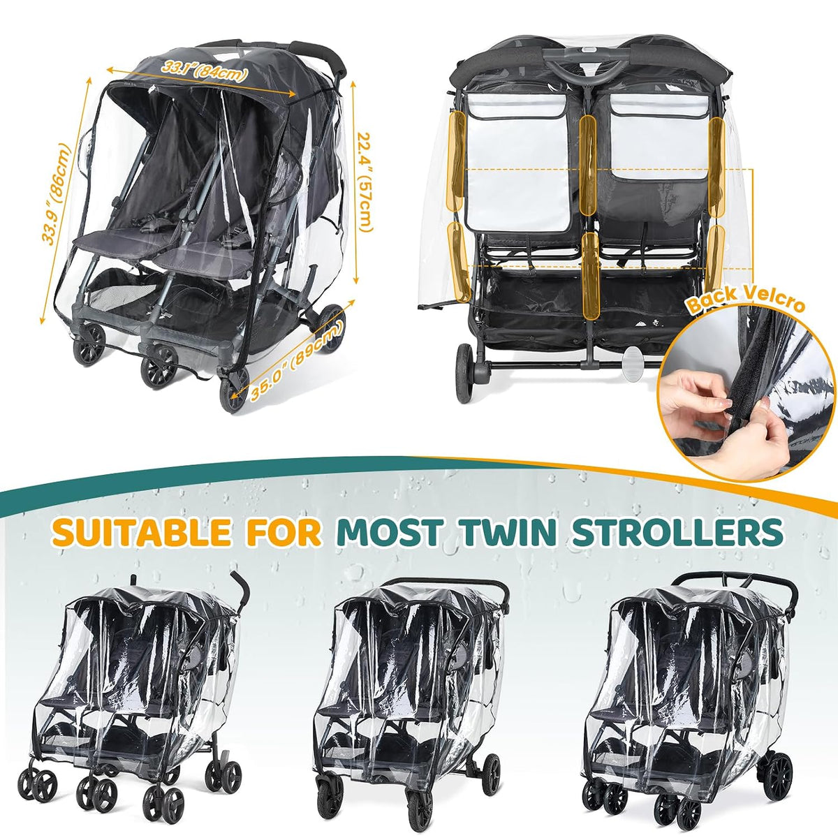 Universal Double Stroller Rain Cover, Easy Access, Durable, Clear