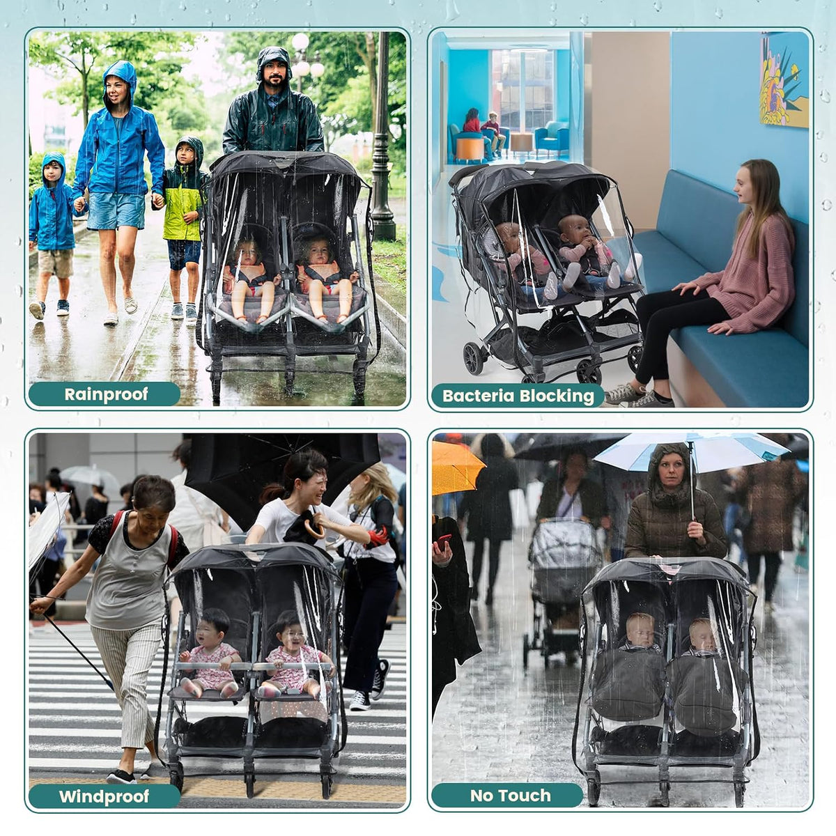 Universal Double Stroller Rain Cover, Easy Access, Durable, Clear