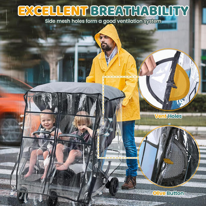 Universal Double Stroller Rain Cover, Easy Access, Durable, Clear