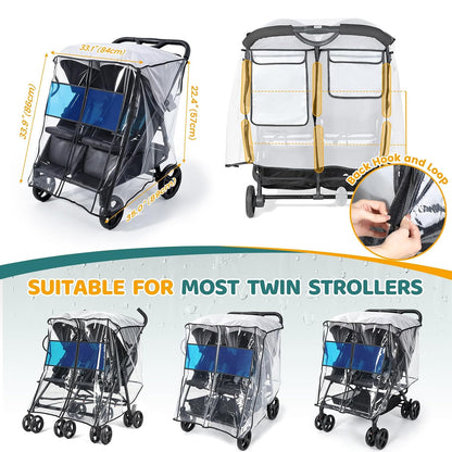 Universal Double Stroller Rain Cover, Easy Access, Durable, Clear