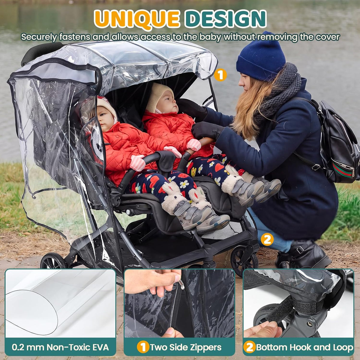 Universal Double Stroller Rain Cover, Easy Access, Durable, Clear