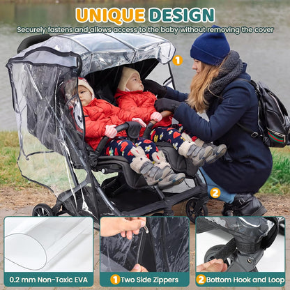 Universal Double Stroller Rain Cover, Easy Access, Durable, Clear