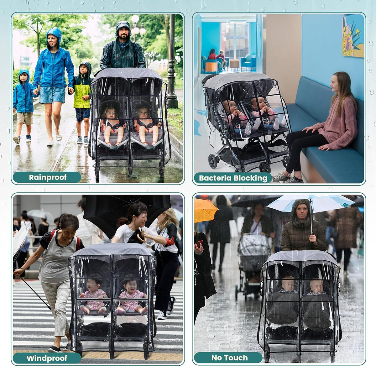 Universal Double Stroller Rain Cover, Easy Access, Durable, Clear