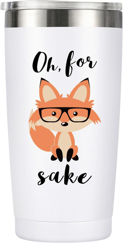Funny Fox Tumbler 20oz | Oh For Fox Sake Insulated Coffee Mug with Straw and Brush | Double Wall Vacuum Stainless Steel | Leak Resistant Travel Cup for Car Office | Cute Gifts for Foxes Lovers Women