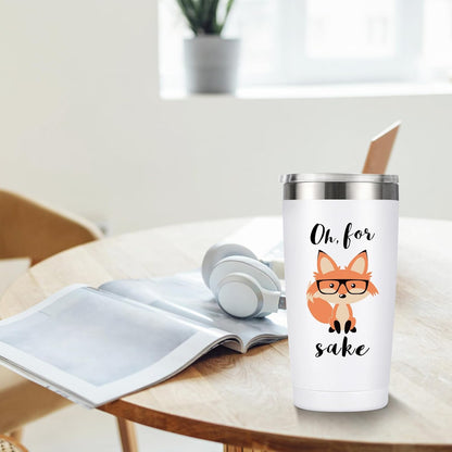 Funny Fox Tumbler 20oz | Oh For Fox Sake Insulated Coffee Mug with Straw and Brush | Double Wall Vacuum Stainless Steel | Leak Resistant Travel Cup for Car Office | Cute Gifts for Foxes Lovers Women