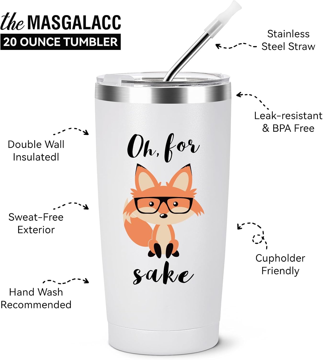 Funny Fox Tumbler 20oz | Oh For Fox Sake Insulated Coffee Mug with Straw and Brush | Double Wall Vacuum Stainless Steel | Leak Resistant Travel Cup for Car Office | Cute Gifts for Foxes Lovers Women