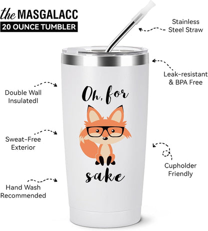 Funny Fox Tumbler 20oz | Oh For Fox Sake Insulated Coffee Mug with Straw and Brush | Double Wall Vacuum Stainless Steel | Leak Resistant Travel Cup for Car Office | Cute Gifts for Foxes Lovers Women