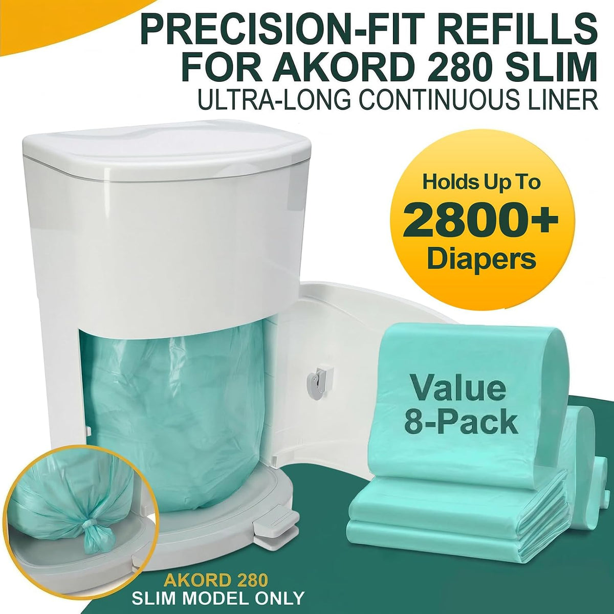 8 Pack Adult Diaper Liner Refills,Diaper Pail Refill Bags Compatible with Janibell Akord 280 Slim Model Adult Diaper Disposal System Powerful Odor Resistant,Plant Scent (NOT Compatible with 330 Pail)